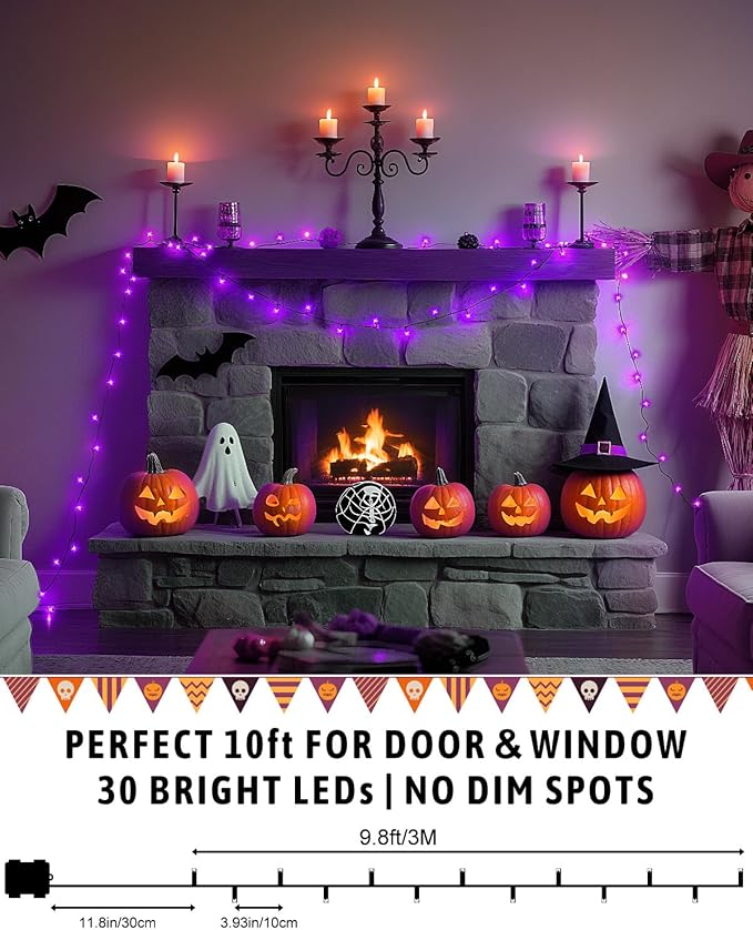 Halloween String Lights Battery Operated, Purple Fairy Lights with Timer Waterproof 9.8ft 30 LED Halloween Decorations for Outdoor Indoor Patio Party Garden Yard Decor