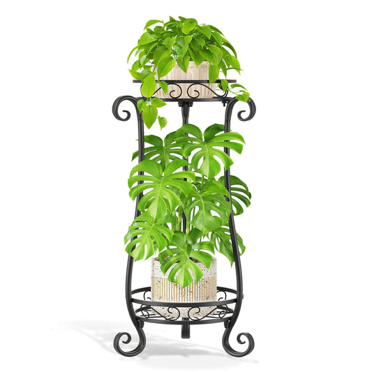 LASZOLA 2 Tier Black Metal Plant Stand for Multiple Large Planters Indoor Outdoor Organizer, Heavy Duty Tall Flower Stand for Corner Patio Bathroom Office, Modern Sturdy Vertical Iron Rack, Cat Proof