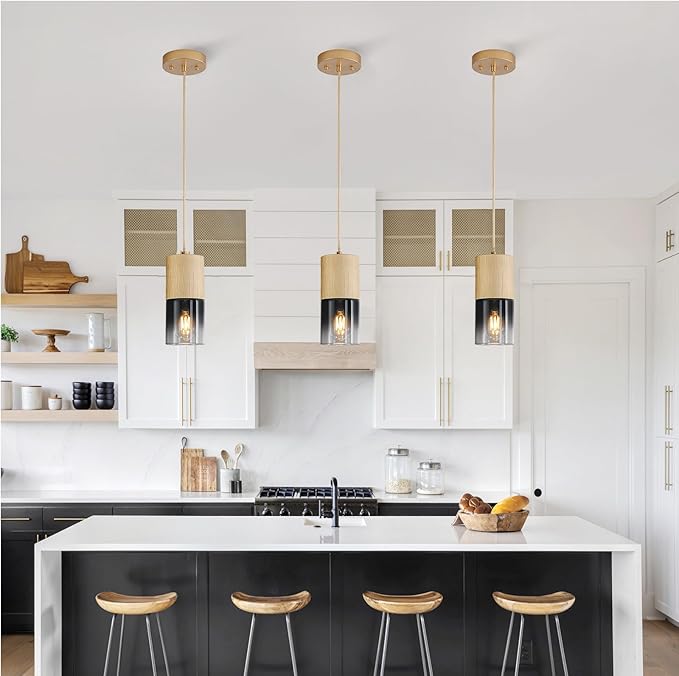 2-Pack Gold Pendant Light Fixtures, Adjustable Modern Black Pendant Lights for Kitchen Island, Industrial Glass Pendant Lights for Dining Table Hallway Bedroom Living Room