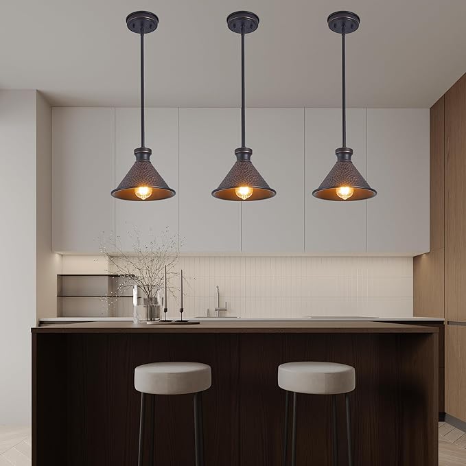 Pendant Light (2 Packs), Kitchen Lights Ceiling Hanging,Oil-Rubbed Bronze Finish, Farmhouse Lighting for Kitchen Island Room,Vintage Hammered Textured Aluminum Shade, Height Adjustable