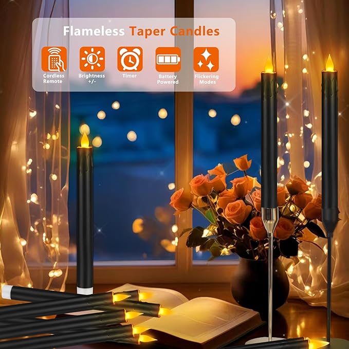 Flameless Taper Candles 10.6" Dripless Battery Operated Taper Candles Included Remote Timer 400+ Hours by 2AA Batteries for Halloween Christmas Wedding (Black, 24 Pack)