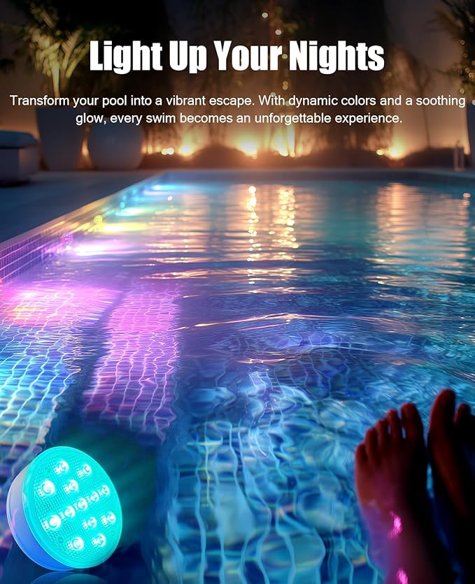 SUNDISC Rechargeable Submersible Pool Lights with Remote, IP68 Waterproof Underwater Charging Battery Operated Controlled 16 Color Changing LED with Magnet Floating Lights 2 Packs