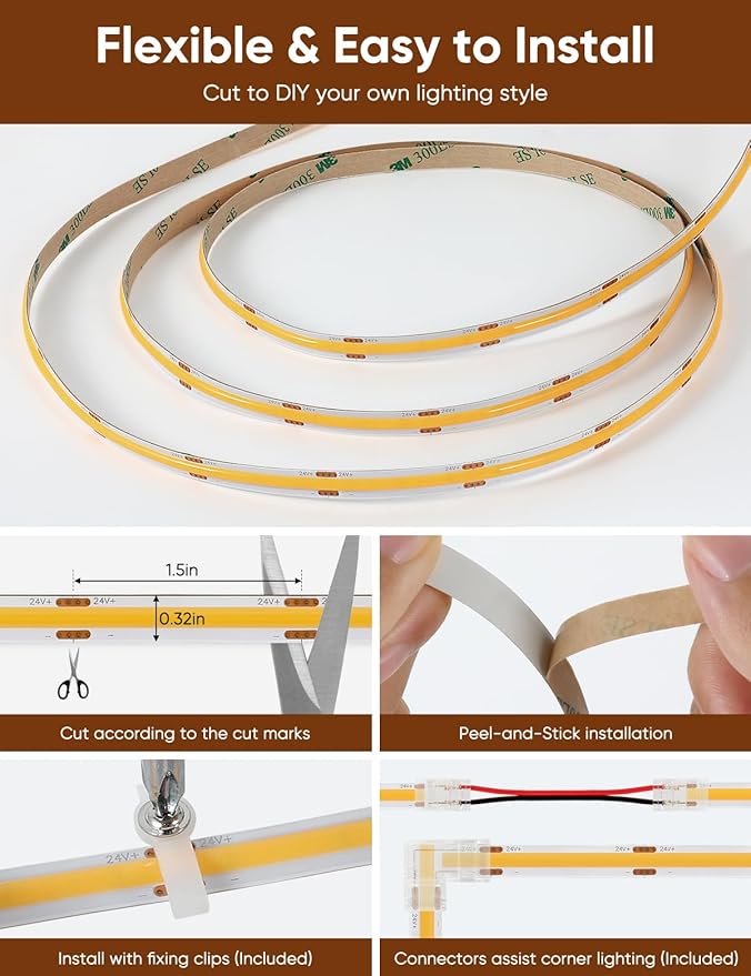 COB LED Strip Lights 6000K Cold White DC24V 16.4ft/5m CRI90+ Super Bright Dimmable Flexible LED Tape Lights with Music Sync Smart App RF Remote Control for Living Room Ceiling Cabinet Lighting