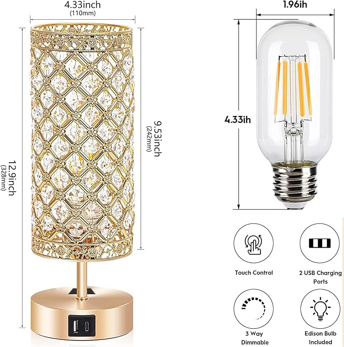 Gold Crystal Table Lamp, Bedside Nightstand Desk Lamp Touch Control Night Light Women Bedroom Decor Bling Lamps with 4 USB Ports & Bulb Included for Home, Office, Living Room