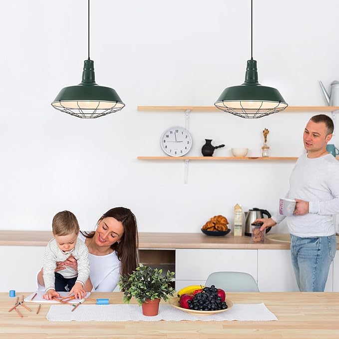 Green Industrial Pendant Lights Kitchen Island, 18.1 Inch Large Pendant Light, Farmhouse Pendant Light with Wire Cage, Barn Pendant 2 Pack, Island Pendant Lights for Kitchen Dining Room