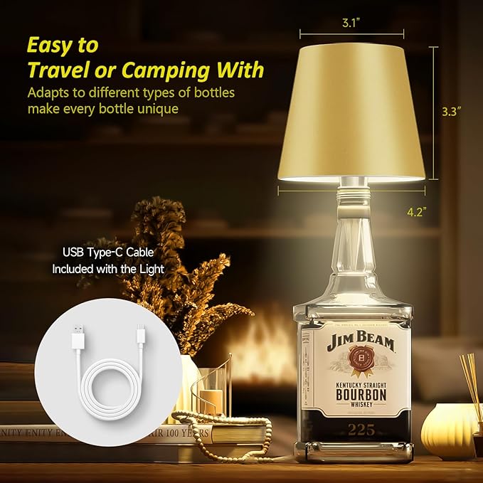 2025 New Wireless Bottle Lamp - LED Bottle Lights for Liquor & Wine Bottles, Cordless Lampshade, Whiskey Bottle Top Light,Golden Yellow Rechargeable 3-Tone Touch-Dimmable