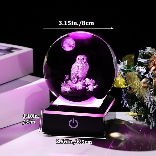 Arikyrist 3D Owl Crystal Ball Figurine - LED Base Night Light Gift for Owl Lovers | 80mm Decorative Glass Globe