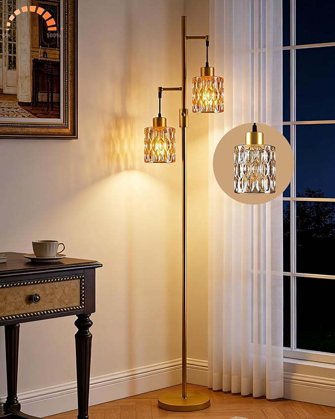 2-Light Gold Floor Lamp, 65IN Tall Standing Lamps Dimmable with Brown Glass Lampshade, 3000K Warmwhite Mid Century Modern Floor Lamp for Living Room/Bedroom
