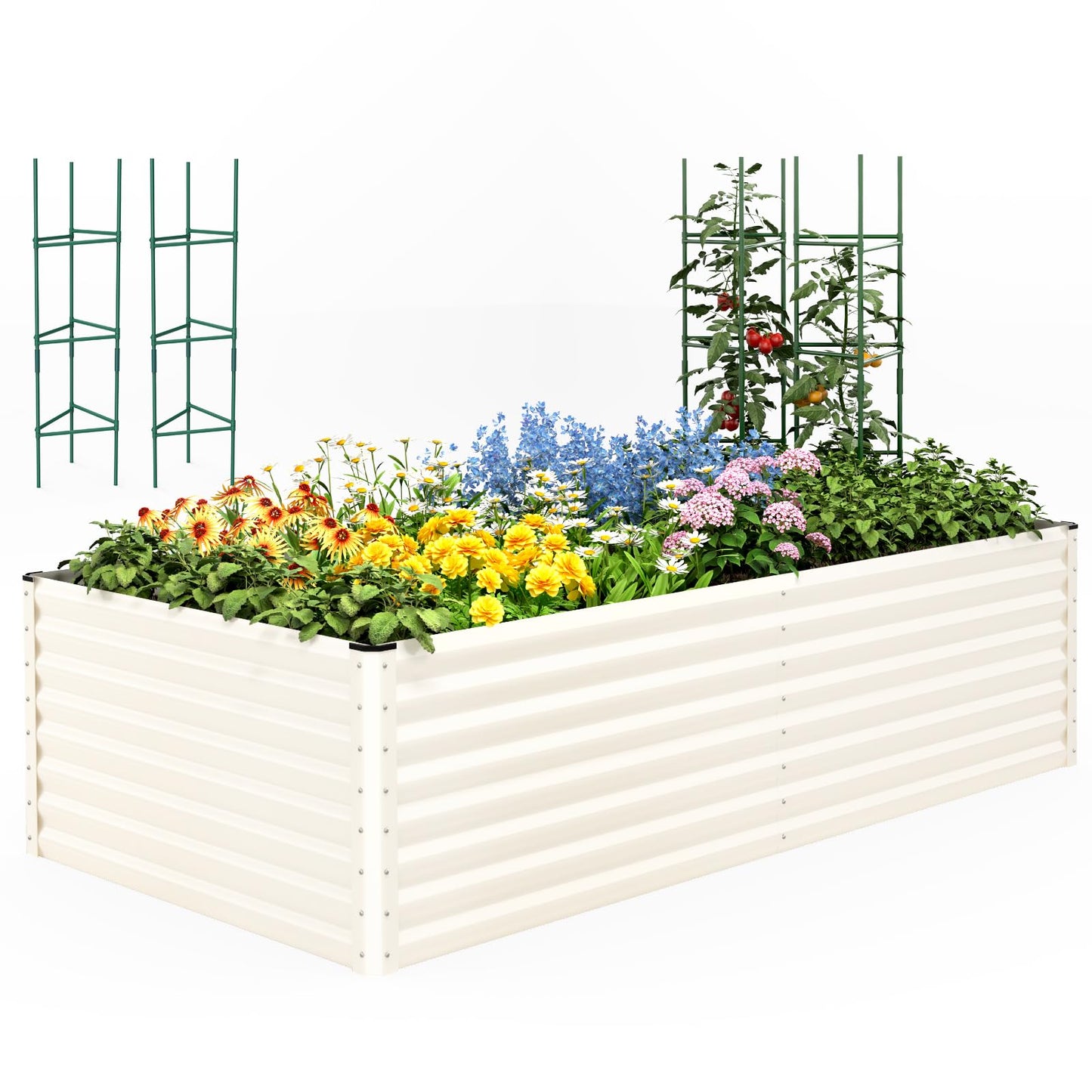 Quictent Galvanized Raised Garden Bed 8x4x2 Ft Tall Metal Planter Box for Vegetables Bottomless for Backyard, 2 Tomato Cages Included, 22.04" Deep, Beige