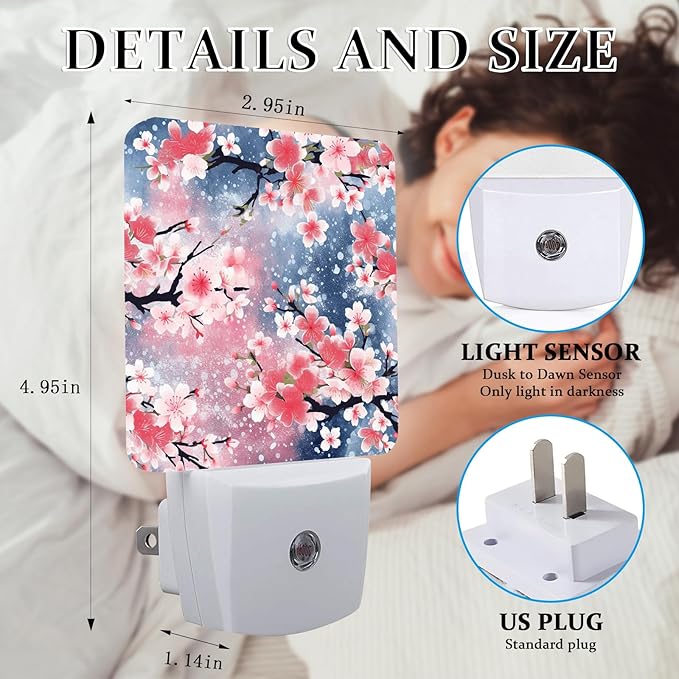 Cherry Blossoom Night Light, Plug-into Wall Winter Floral Nightlight Lamp with Dusk to Dawn Sensor, Led Lamp 0.5W Energy Efficient for Boys Girls Adults Home Decor