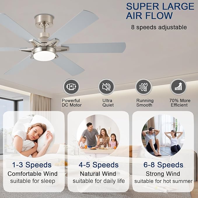52in Ceiling Fans with Lights RGB Ceiling Fan with Light and Remote/APP Control,Low Profile Ceiling Fans with Lights for Bedroom,Living Room,Kids Room,3CCT Dimmable Modern Ceiling Fan, 6 Speeds,Nickel