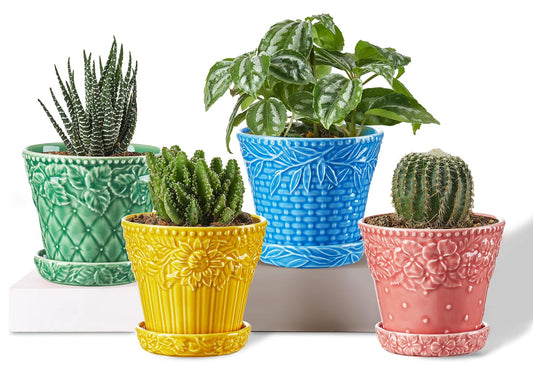 Metahom Succulent Ceramic Pots, 3.8 Inch Small Plant Pots with Drainage Hole & Saucer, Flower Planter Pot for House Plants Cacti, Home Decor, Set of 4, Assorted Colors