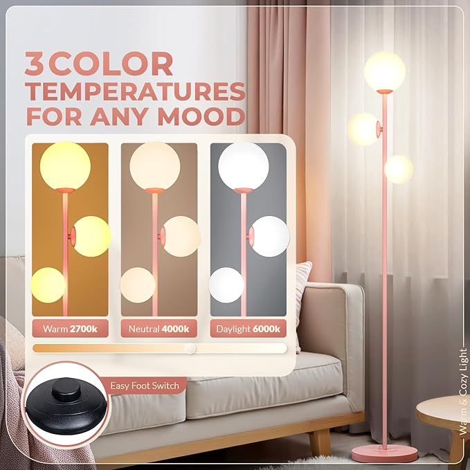 Soilsiu 3 Globe Floor Lamp - Mid Century Modern Standing Light with 3 Color Temperatures, LED Bulbs, Frosted Glass Shades for Living Room (Pink)