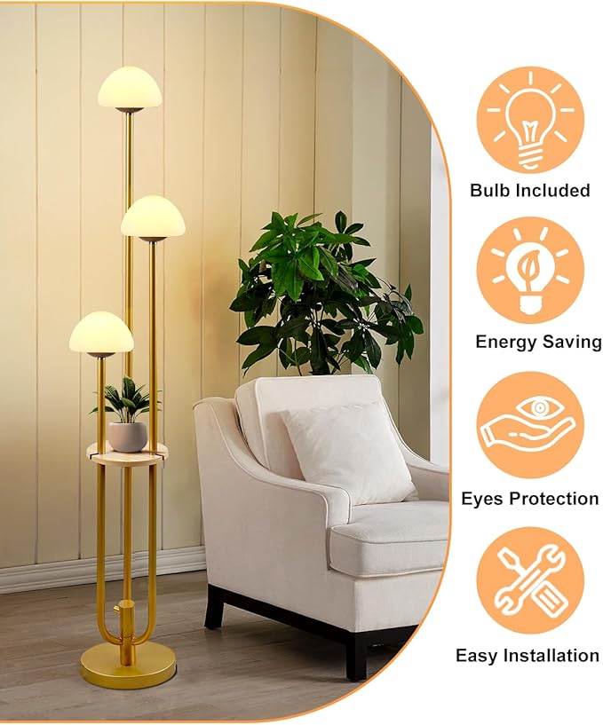 Lightdot Gold Dimmable Floor Lamp with Table, Modern Floor Lamps for Living Room, 3000K Tall Standing Lamp with Mushroom Shades& Bulbs Included for Bedroom/Office//Sofa Beside/Corner Decor