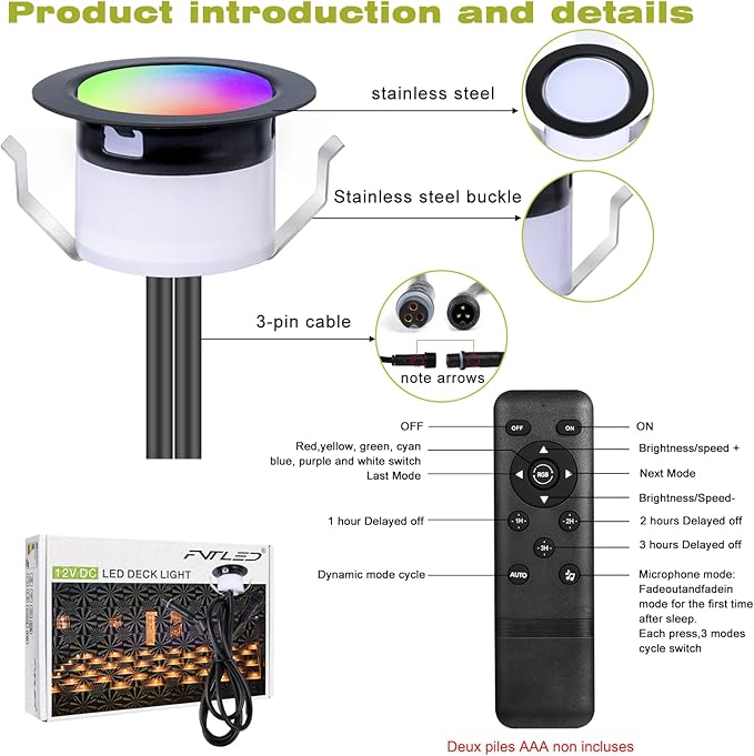 FVTLED LED Deck Lights Kit, Φ1.22 Low Voltage WiFi Pixel RGBW+IC Multi-Color Dynamic Deck Lighting with Remote Control, IP67 Waterproof Outdoor Step Lights DC12V for Garden,Steps,Stair(20 Pack, Black)