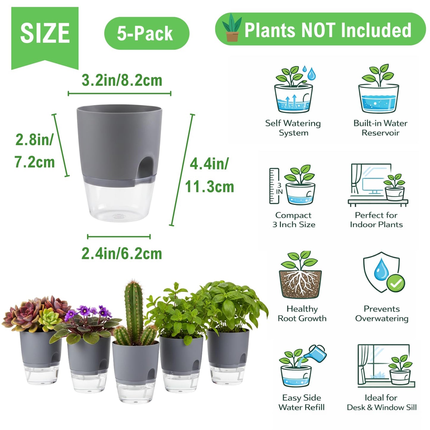 Thorkok 3.2 Inch Self Watering Planters Plastic Planter Pots 5 Pack Wicking Flower Pots Modern Decorative Planter for Small African Violets House Plants,Herbs,Indoor Outdoor Plant (Grey)