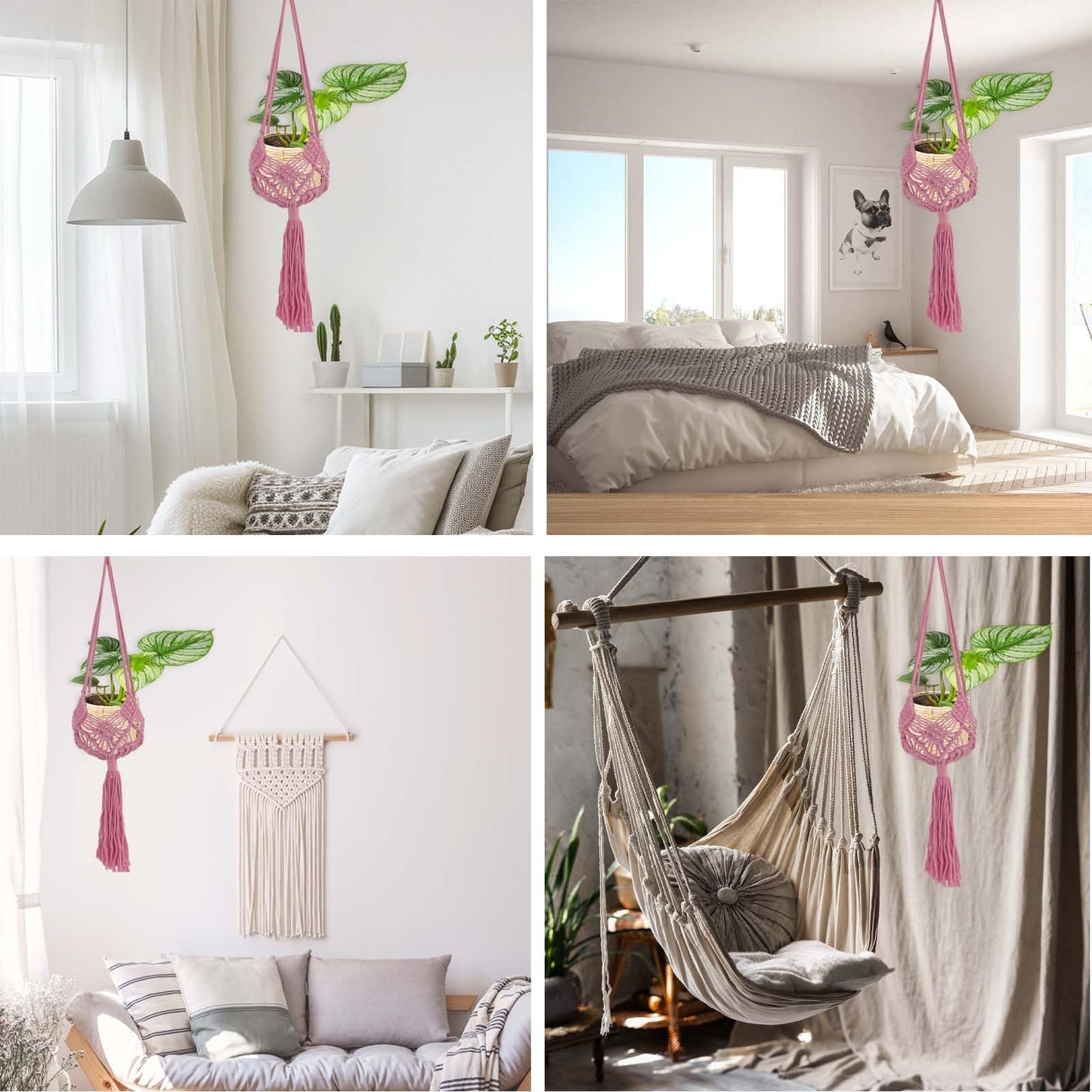 2 Pack 90CM (35inch) Extra Long Macrame Plant Hangers, up to 8 inch Pot Hanging Planter with Patterns, Premium Cotton Rope Crochet Boho Hanging Planter Basket for Indoor & Outdoor Plants (Pink)