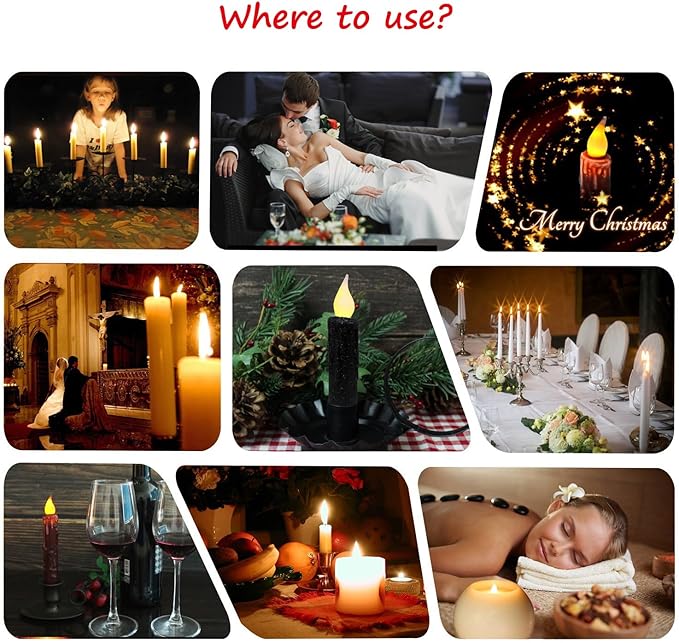 CVHOMEDECO. Glitter Flameless Candles Flickering Battery Operated LED Taper Candles with Timer for Home, Wedding, Halloween, Christmas Decor. Black, 4-3/4 Inch, Set of 6
