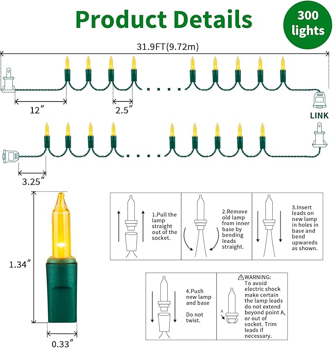 LAMPHOME Yellow Christmas Lights Decoration 300 Lights 63.8ft(2pk of 150L) UL Certified Mini Bulb Golden String Lights Set for Outdoor Christmas Tree Garden Holiday Party Patio Decor