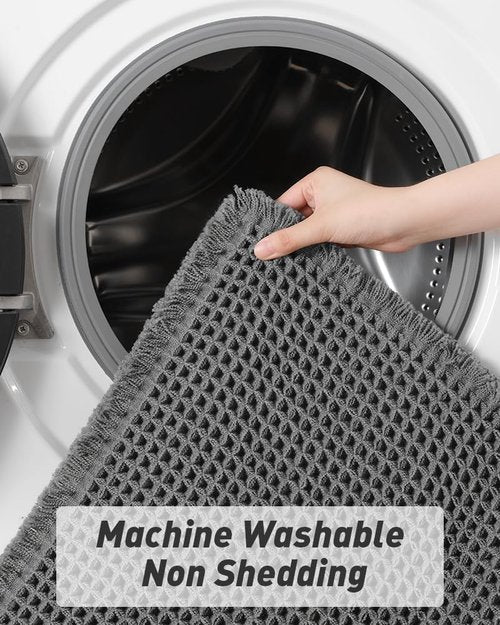 AMOAMI Upgraded Waffle Bath Mat, Super Absorbent Non Slip Bath Mats for Bathroom Floor, Washable Bathroom Rugs with Tassels, Rubber Backed Bathroom Mats, Ultra Soft, 20" x 32", Dark Grey
