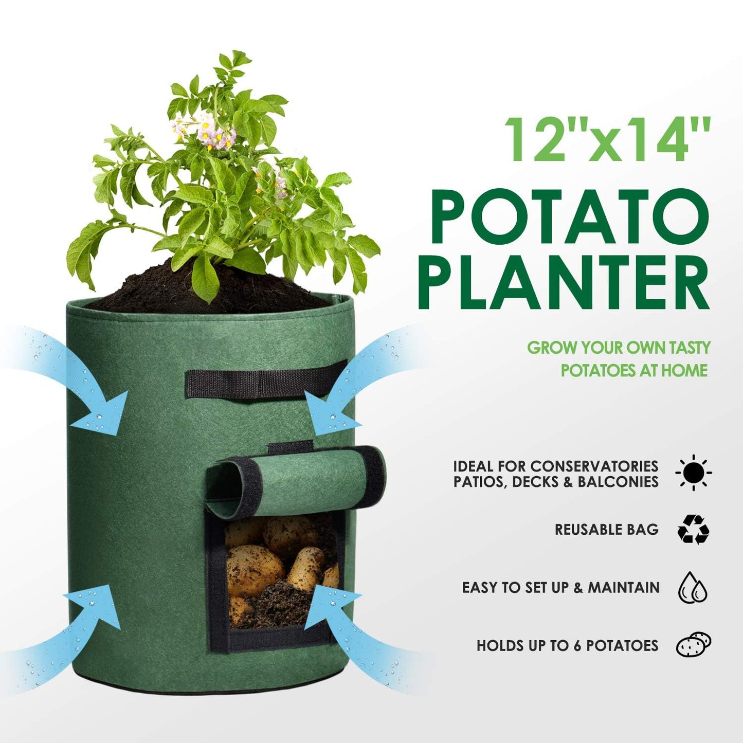Delxo 5 Pack 7 Gallon Potato Growing Bags, Planter Garden Grow Bags with Flap, Double Layer Breathable Nonwoven Cloth for Planting,Vegetable,Tomato,Aeration Fabric Pots with Handles Green