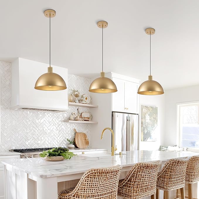 12 Inch Gold Dome Pendant Lights 2 Pack for Kitchen Island, Height Adjustable Farmhouse Industrial Hanging Light Fixtures Over Table for Dining Room, Entryway