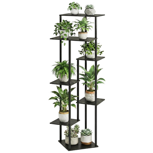 JEPRECO Tall Plant Stand Indoor 7-Tier Metal Wood Plant Shelf for Multiple Flower Pots Corner Flower Holders for Living Room Balcony Bedroom, Black