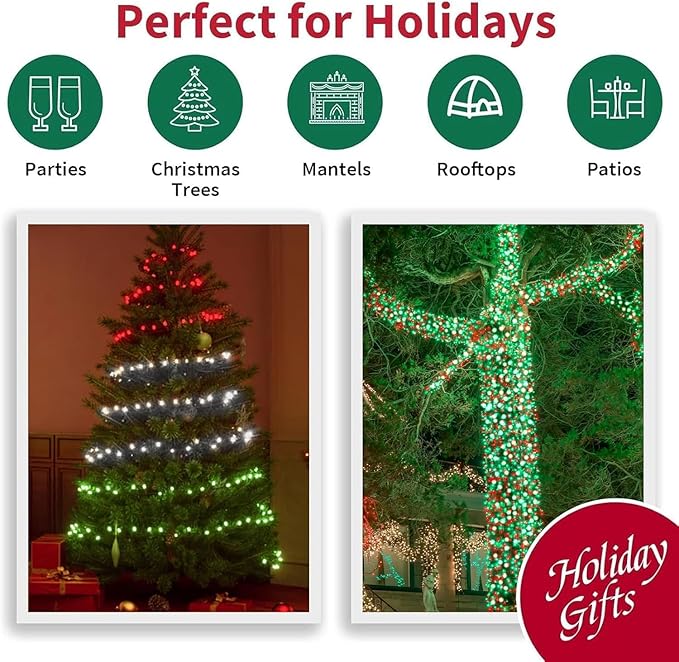 LAMPHOME Red Green White Christmas String Lights, 300 LED 99 FT Connectable Waterproof String Lights Transparent Wire with16 Modes, Xmas Vintage Decorations for Indoor Outdoor Party Yard Garden Decor