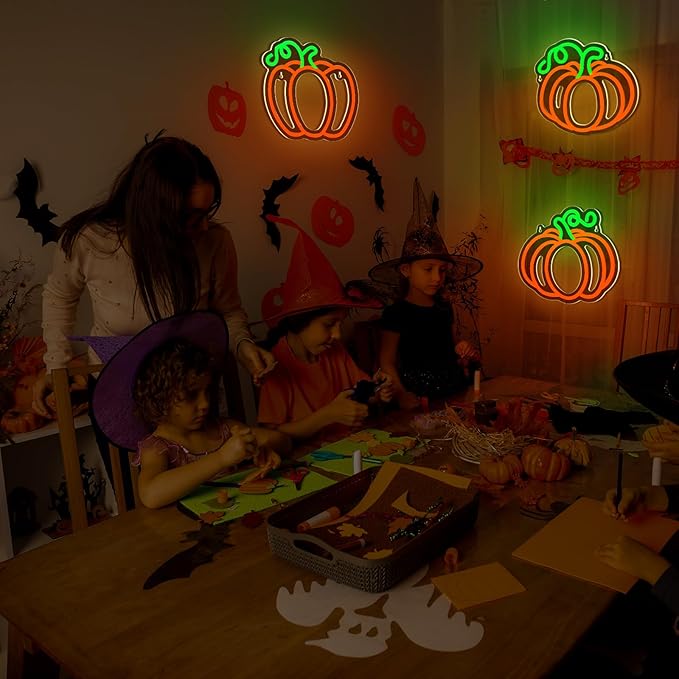 Treela 3 Pcs Fall Pumpkin Window Lights Halloween Neon Light Thanksgiving Neon Sign LED Light up Pumpkin Decor for Bedroom Home Kitchen Harvest Decorations