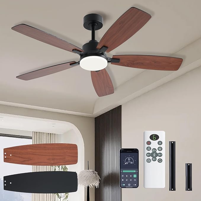 52inch Ceiling Fans with Lights, Low Profile Ceiling Fan with Light and Remote/App Control, 2 Downrods, DC Reversible Motor, Noiseless, Dimmable Brown Ceiling Fan for Bedroom Livingroom