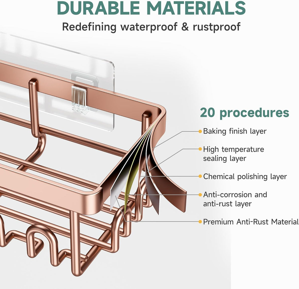 Veken Shower Caddy - 6-Pack Waterproof Adhesive Shelves | No Drilling, Rustproof, Large Capacity - Rose Gold