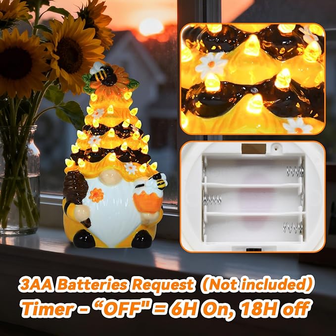 Timer - Spring Bumble Bee Gnomes Decorations Lighted Up Gnome Ceramic Tree, Rustic Farmhouse Kitchen Table Bee Decor, Summer Sunflower Home Decor Gifts