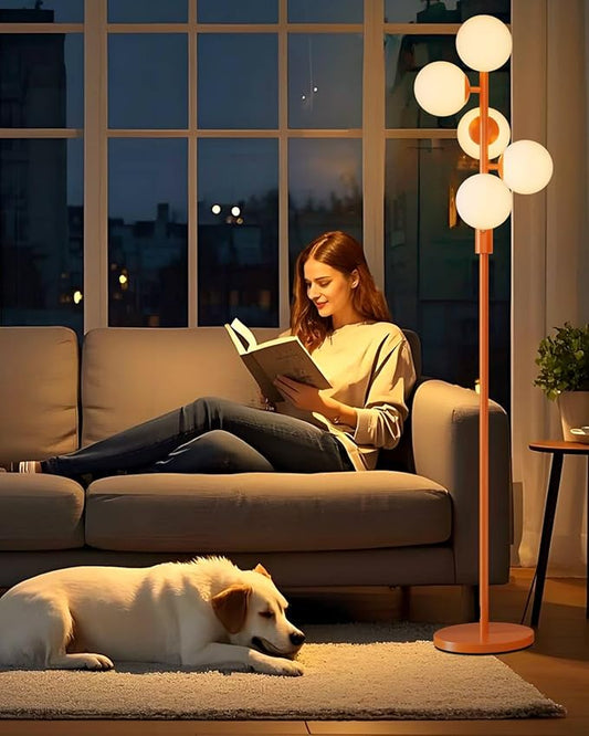 Lightdot 5-Globe Dimmable Globe Floor Lamp Orange Retro Standing Lamps with 5Pcs Bulbs Included Brightness Adjustable Mid Century Modern Floor Lamp for Living Room/Sofa Beside/Corner Decor