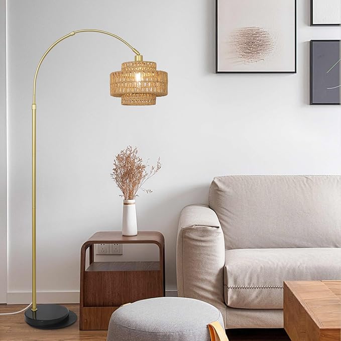 HMVPL Gold Floor Lamp for Living Room, Arched Floor Lamp with Remote, Boho Rattan Standing Lamp with Dimmable Blub, Mid Century Tall Lamp for Bedroom Reading Behind Couch Office (Height Adjustable)