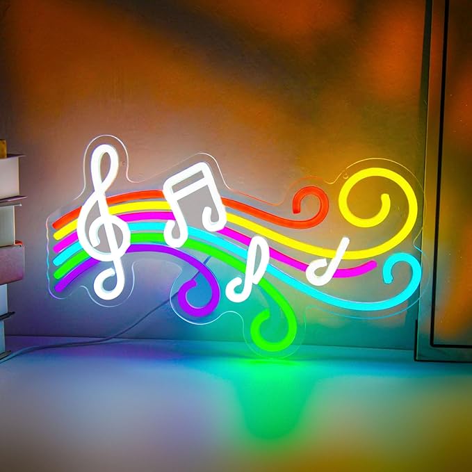 Music Neon Sign for Wall Decor, Dimmable Colorful Musical Note Staff LED Neon Lights for Bedroom, Music Studio, Classroom, Concert, Party, Birthday Gifts for Kids