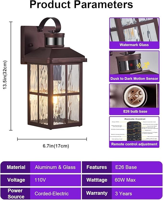 Porch Lights Outdoor with Remote Control: Motion Sensor Exterior Lighting Fixtures Intelligent 4 Lighting Modes Outdoor Wall Lights Sconce Lights for House Patio Front Door Garage