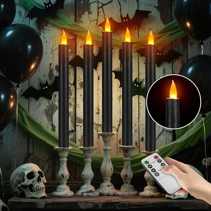 6 Pcs Black Flameless Taper Candles with Remote, 10" Tall Electric Led Candlesticks, Plastic Battery Operated Taper Candles for Halloween Dinner Party Wedding Birthday Home Décor(Black Drip)