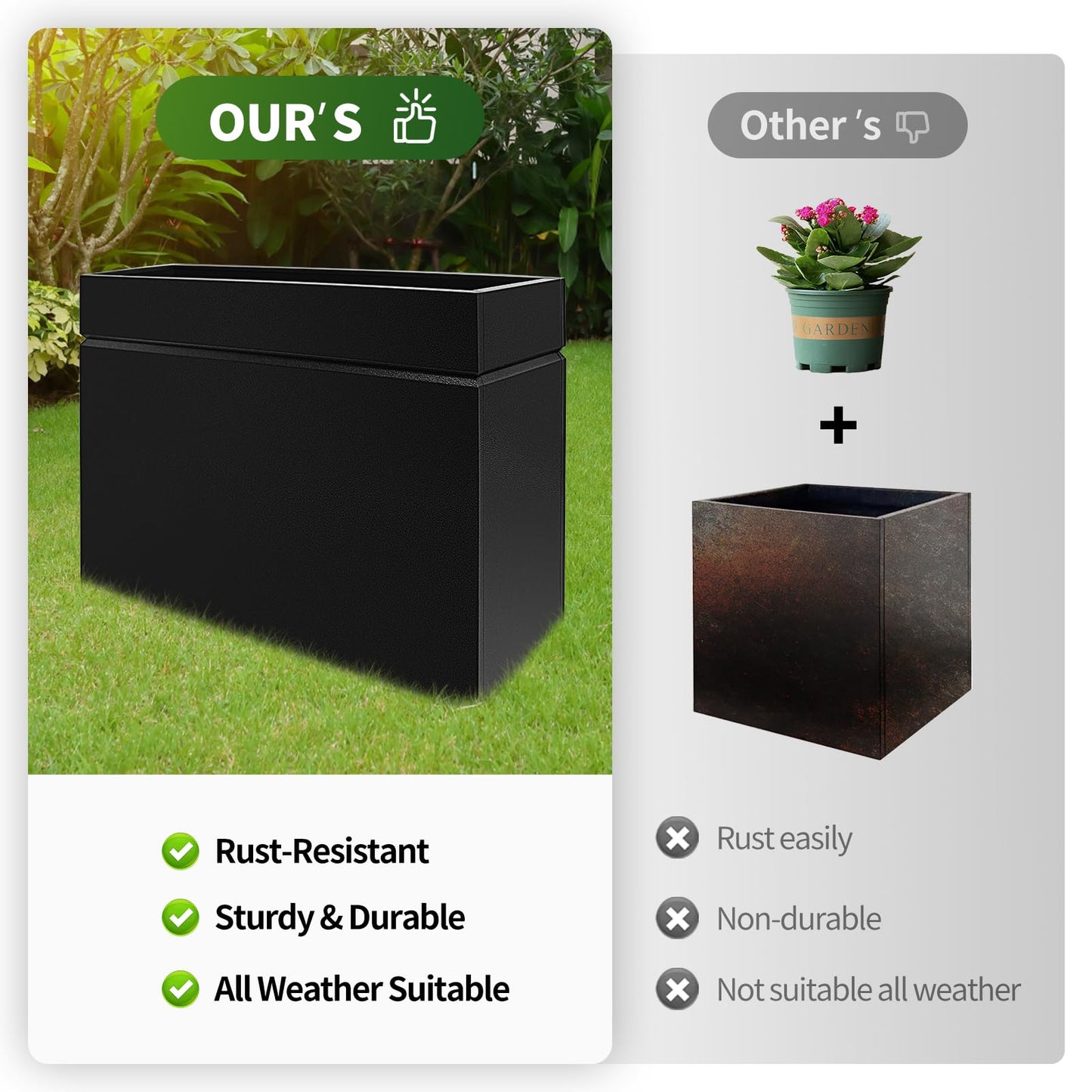HONYTA Metal Rectangular Planter Box, Powder Coating Steel Large Planters 35" L x 12" W x 26" H with Drainage Hole, Indoor Outdoor All-Weather Use for Home, Porch, Patio, Garden(Black)