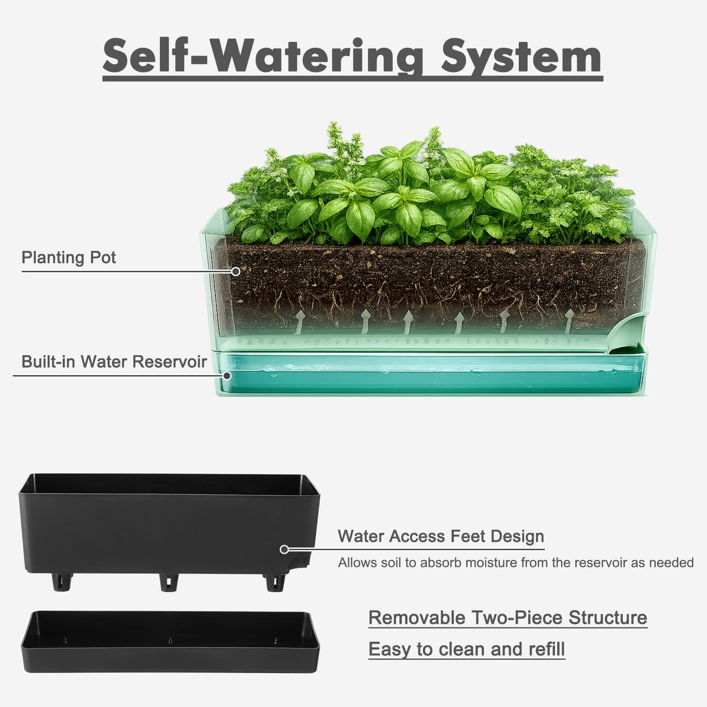 Party Zealot Self Watering Pots for Indoor Plants, 3 Pack Window Boxes Planters 17 Inch Rectangular Planter Rectangle Flower Pots Long Plant Pot Large Window Sill Herb Planter Box, Black