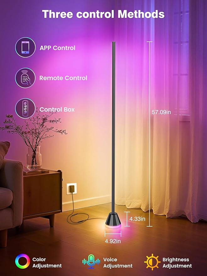 RIYO Corner Floor Lamp - Smart LED Corner Lamp for Bedroom, Living Room & Gaming Room, 16 Million DIY Colors with Music Sync, App & Remote Control, 68 Scene Modes, Modern Ambient Lighting