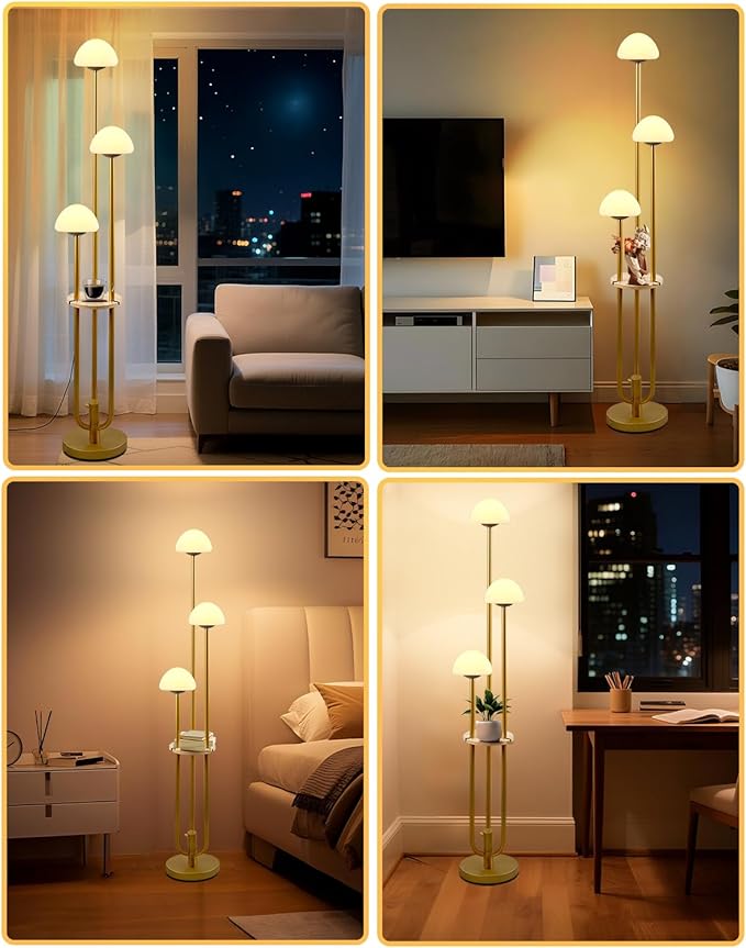 Lightdot Gold Dimmable Floor Lamp with Table, Modern Floor Lamps for Living Room, 3000K Tall Standing Lamp with Mushroom Shades& Bulbs Included for Bedroom/Office//Sofa Beside/Corner Decor