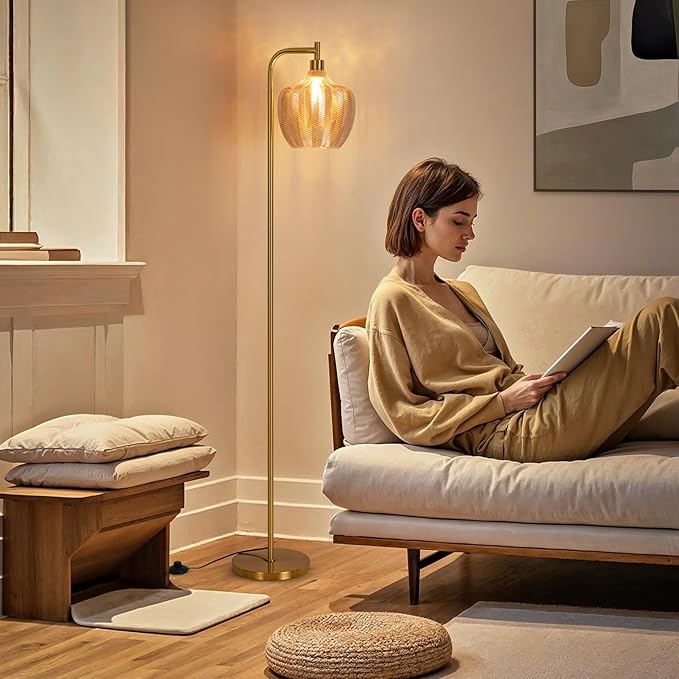 Gold Floor Lamp for Living Room, Modern Stained Glass Standing Lamp with Remote, Dimmable Amber Lampshade Tall Floor Lamps, Mid Century Vintage Floor Light for Bedroom Study Room Office (Amber)