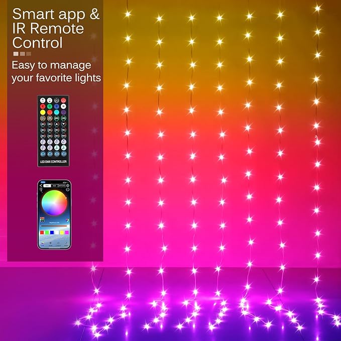 LED Curtain Lights, 10ft x 8ft 240 LED RGB Color Changing String Fairy Lights Curtain with Smart APP Control, Music & Voice Sync for Bedroom Backdrop Indoor Outdoor Christmas Decorations