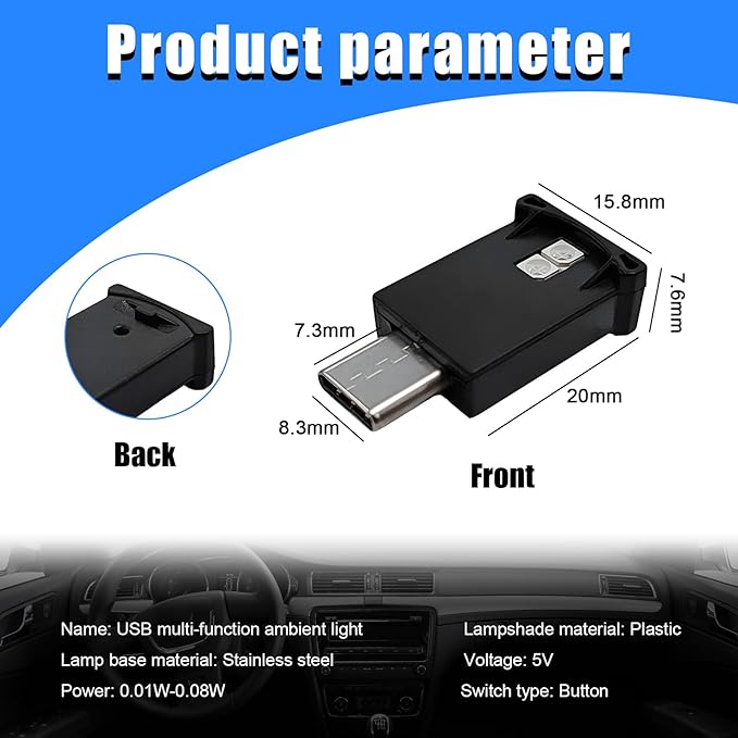 USB Type C LED Ambient Light, 8 Colors RGB Dynamic Gradient Brightness Interior Atmosphere Lamp, Mini Adjustable Car Accessories Replace Lighting Parts for Home Laptop