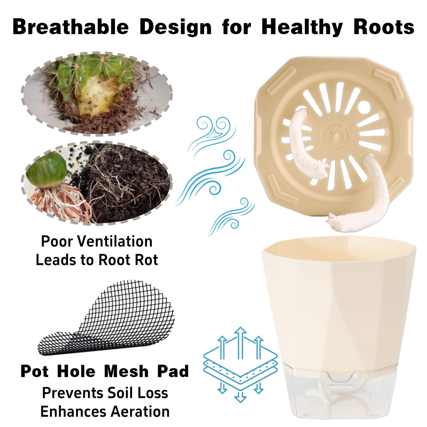 BovcTrraann 3 Packs Self Watering Plant Pots, Plastic Flower Pots with Drainage Hole and Saucer, Self Watering Planters for Indoor Outdoor Garden Plants, African Violet, Herbs (White, 6.7")