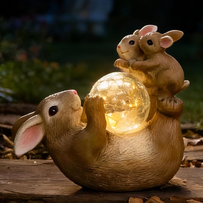 Solar Bunny Lamp Playing with Ball, 10x5x9 Inch Outdoor Easter Rabbit Decor, Whimsical Garden Statue for Lawn, Backyard & Night Landscape, Easter Bunny Figurine Night Light