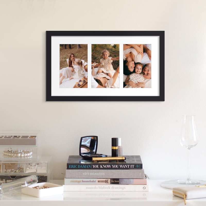 upsimples 8x14 Collage Picture Frame, Display Pictures 3 4x6 with Mat or 8x14 Without Mat, Wall Hanging 3 4x6 Picture Frame Collage Wall Decor, Black, 1 Pack