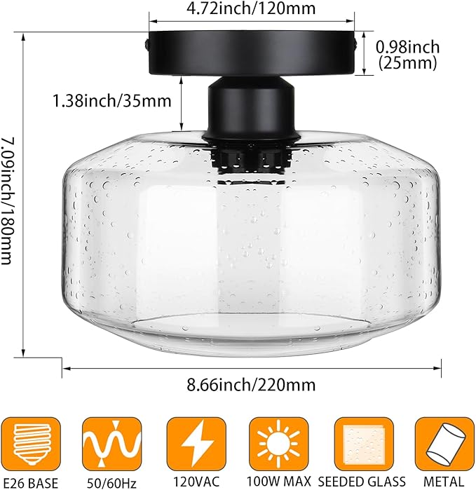 SunRider Industrial Semi-Flush Mount Ceiling Light Fixture, Modern Seeded Glass Pendant Lamp, Black Farmhouse Hanging Lighting for Bedroom Hallway
