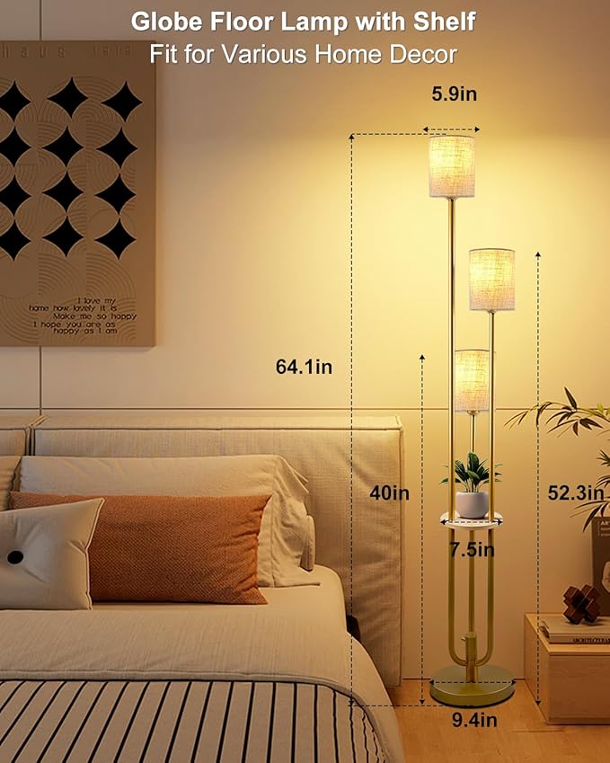 Lightdot 64Inch Floor Lamp with Table Dimmable Gold Floor Lamp for Living Room 3 Lights Mid Century Modern Tall Standing Lamp with Fabric Shade for Bedroom/Sofa Beside/Corner Decor(Bulbs Included)