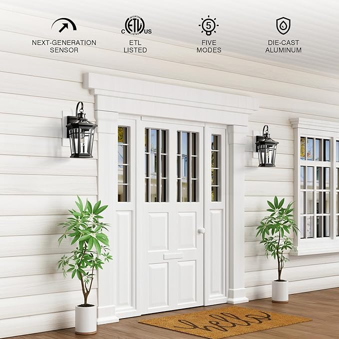 VIANIS Large Outdoor Porch Lights Wall Mount, Aluminum Motion Sensor Porch Lights Outdoor Lantern, Black with Gold Trim Exterior Lighting Fixtures, Waterproof Exterior Lighting Fixtures Dusk to Dawn